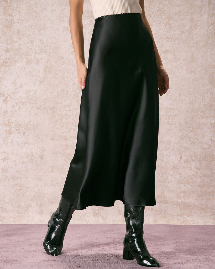 The Lace-Trim Satin Midi Skirt Bottoms - RIHOAS