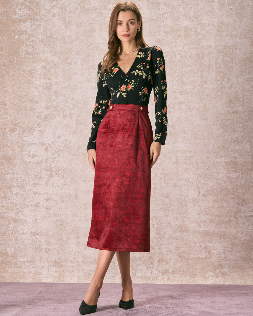 The Wine Red Split Hem Velvet Midi Skirt Wine Red Bottoms - RIHOAS