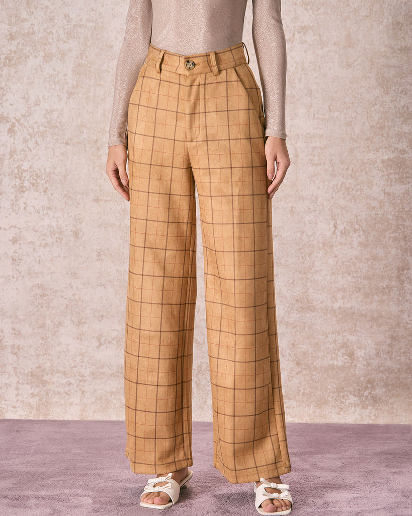 The Khaki Plaid Wide Leg Pants Bottoms - RIHOAS