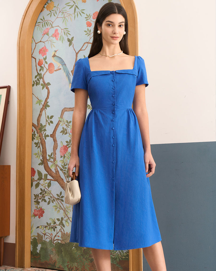 The Blue Sweetheart Neck Button Midi Dress