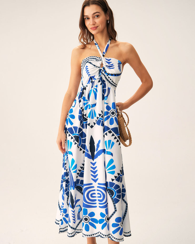 Blue Floral Halter Maxi Dress