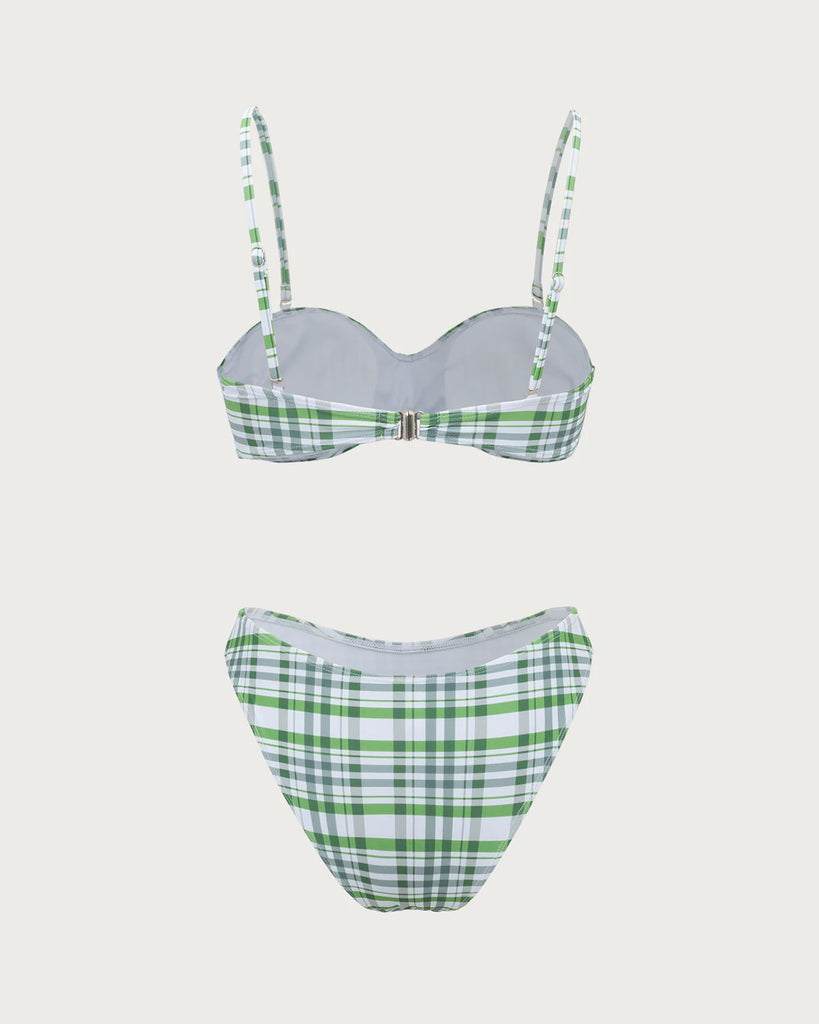 Green Plaid Pleated Bikini Set