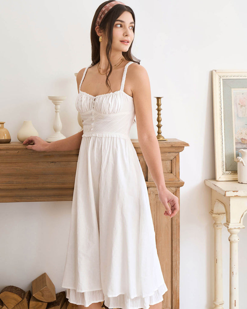 The White Ruched Slip Cotton Midi Dress