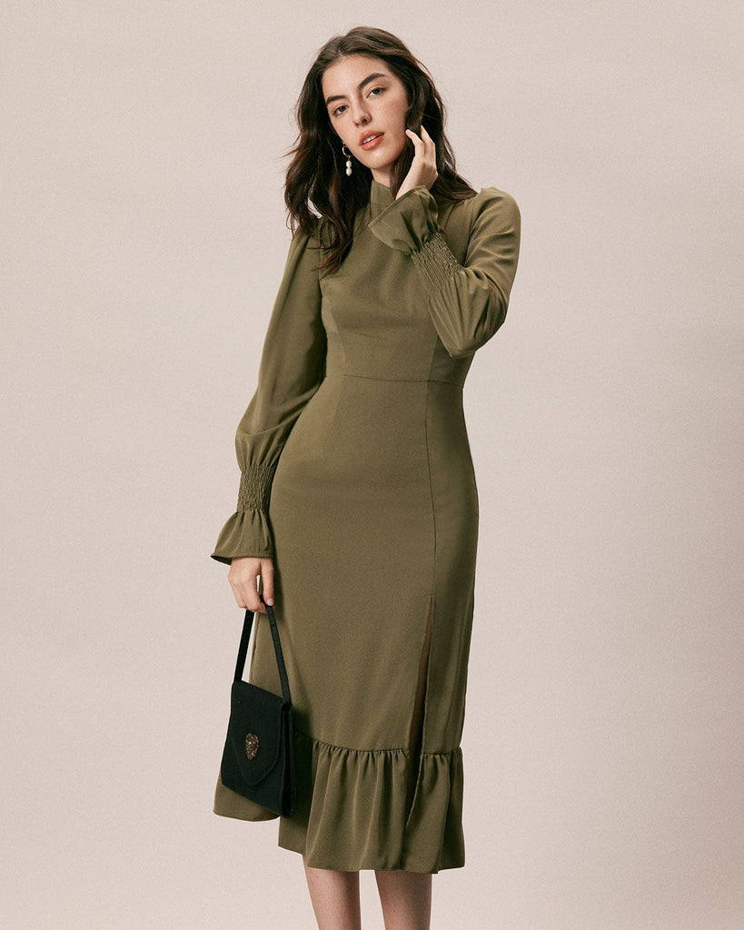 The Army Green Mock Neck Midi Dress Dresses - RIHOAS