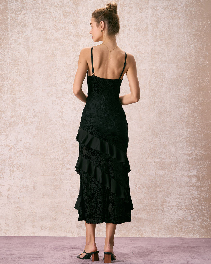 The Black Burnout Ruffle Maxi Dress Dresses - RIHOAS