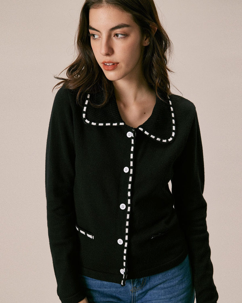 The Black Collared Seam Colorblock Cardigan Black Tops - RIHOAS