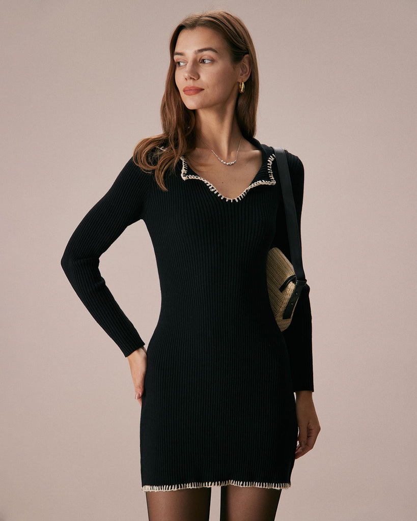 The Black Contrast Stitch Sweater Dress Dresses - RIHOAS