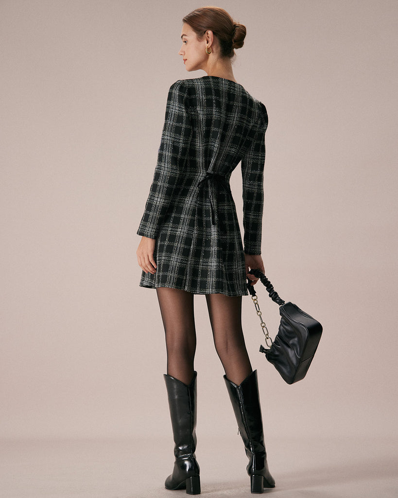 The Black Crew Neck Plaid Mini Dress Dresses - RIHOAS