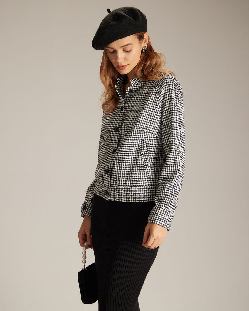 The Black Mock Neck Houndstooth Jacket Outerwear - RIHOAS