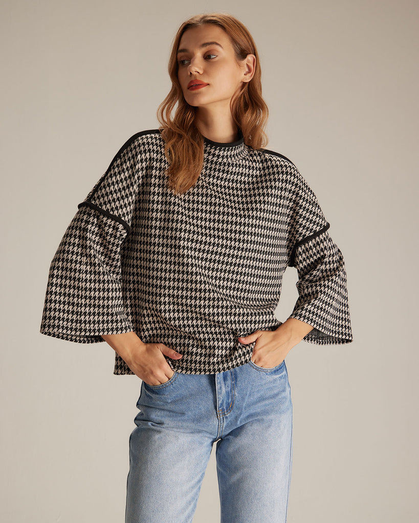 The Black Mock Neck Houndstooth Sweatshirt Black Tops - RIHOAS