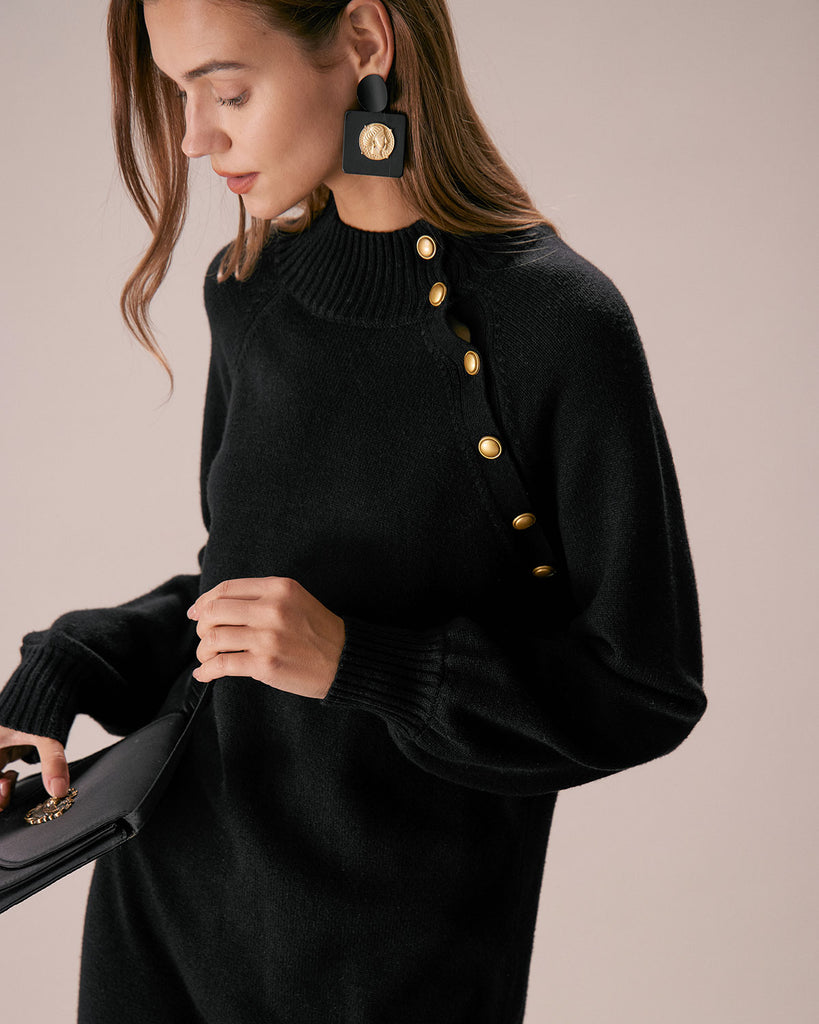 The Black Mock Neck Lantern Sleeve Sweater Dress Dresses - RIHOAS