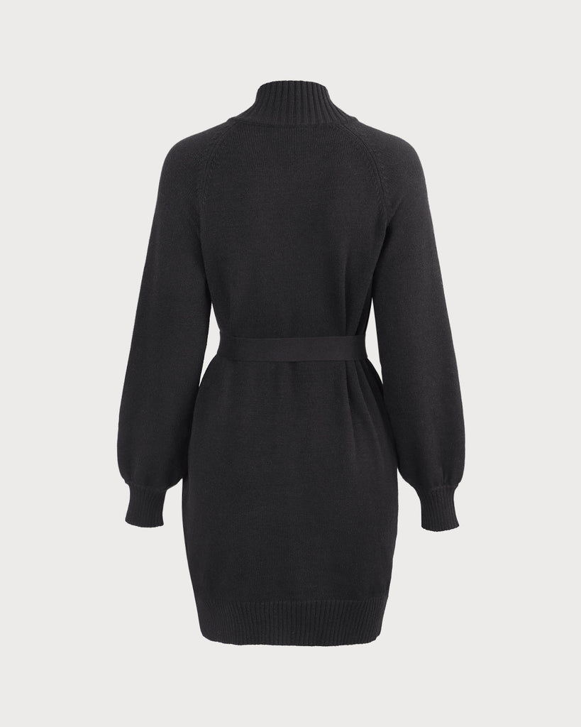 The Black Mock Neck Lantern Sleeve Sweater Dress Dresses - RIHOAS