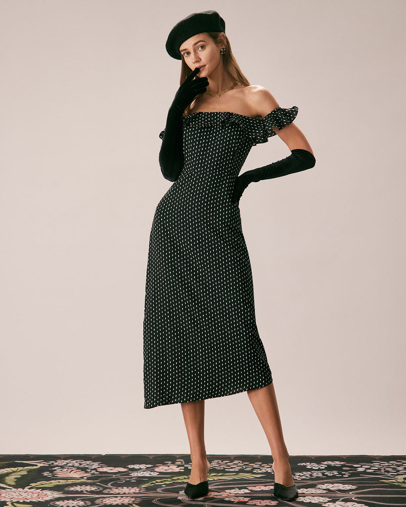 The Black Off The Shoulder Ruffle Midi Dress Dresses - RIHOAS