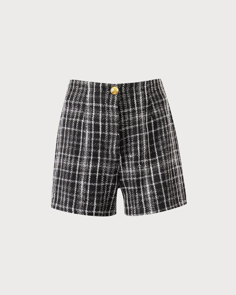 The Black Tweed Plaid Single Button Shorts Bottoms - RIHOAS