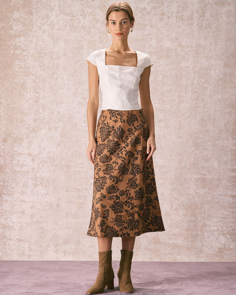 The Brown Floral Suede Midi Skirt Bottoms - RIHOAS