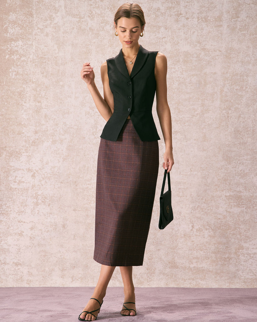 The Coffee Plaid Midi Skirt Bottoms - RIHOAS