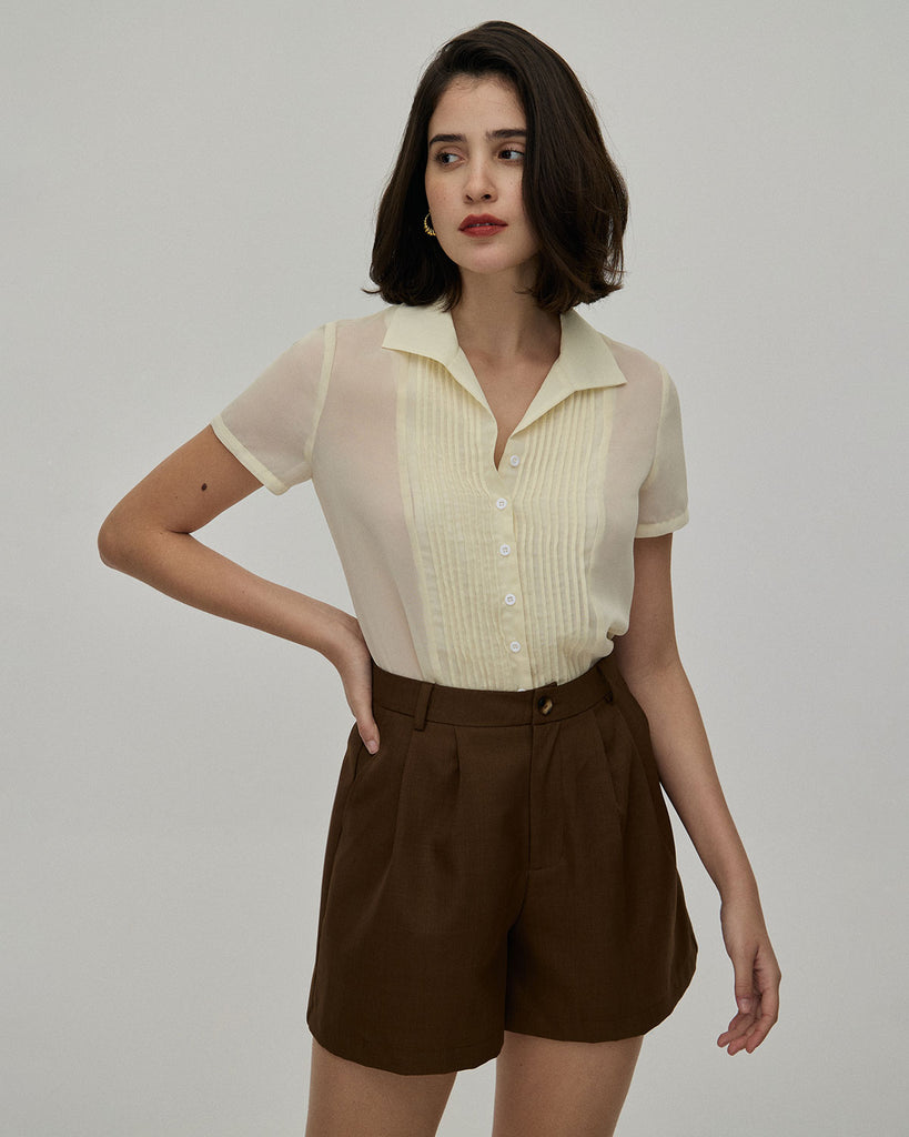 The Coffee Pleated Wide Leg Shorts Bottoms - RIHOAS