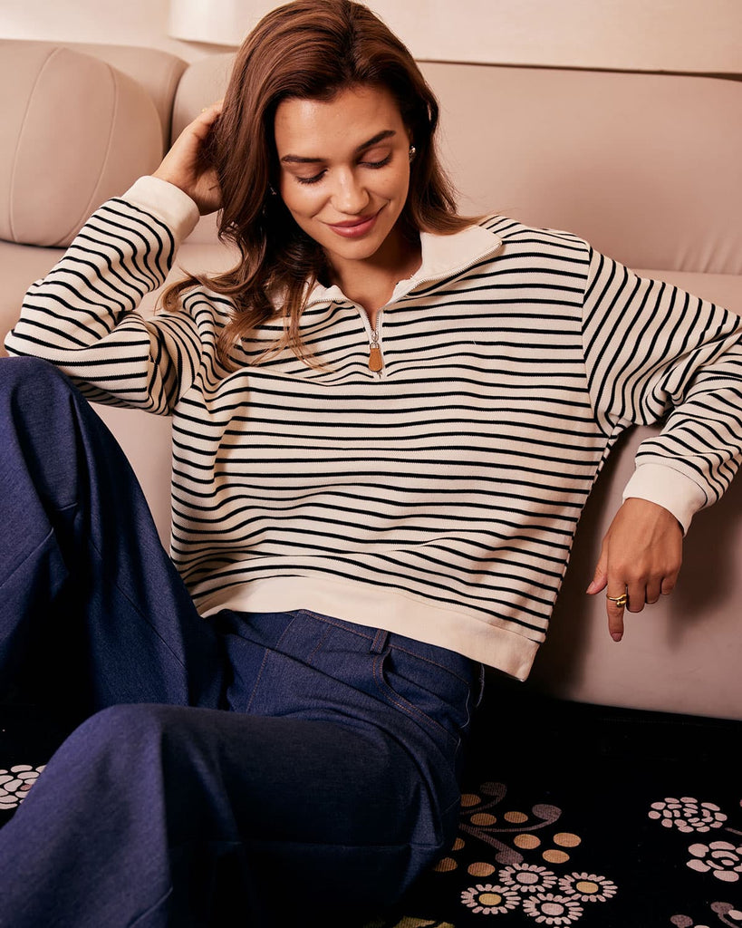 The Collared Half Zipper Striped Sweatshirt Tops - RIHOAS