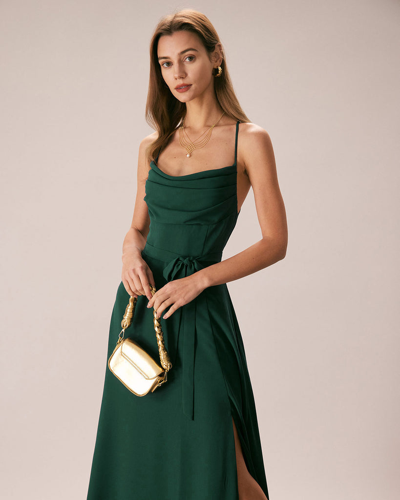 Green Cowl Neck Cutout Back Maxi Dress