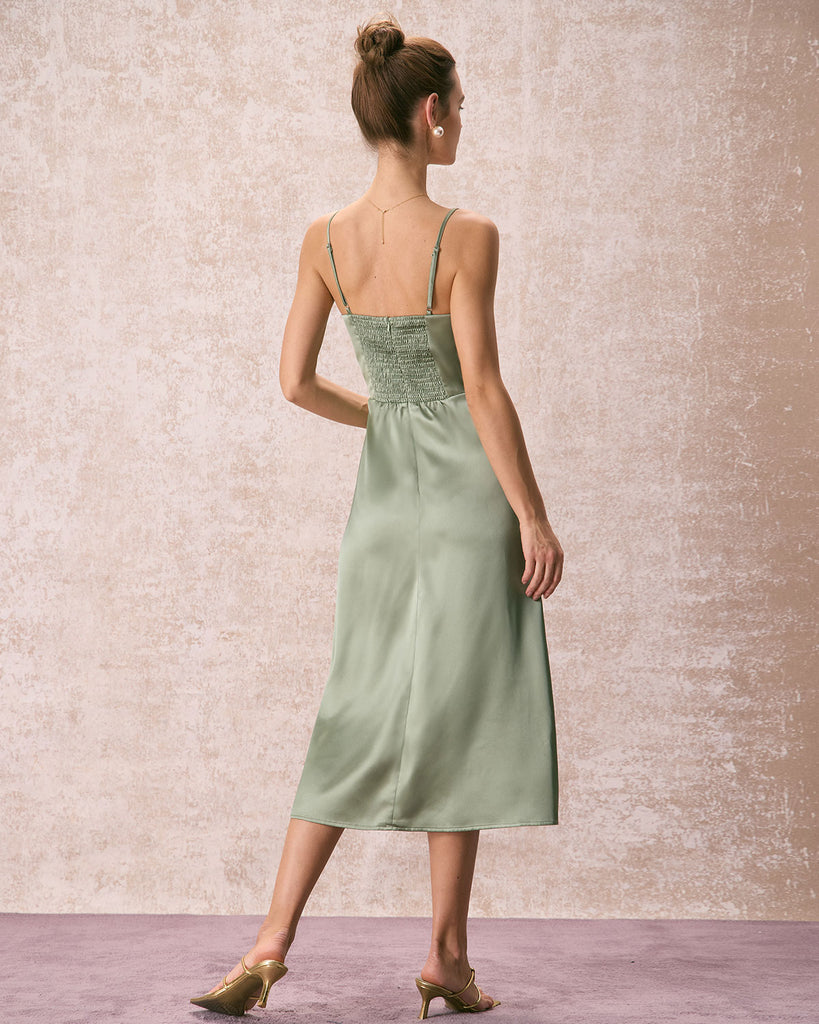 The Green Solid Satin Midi Dress Dresses - RIHOAS