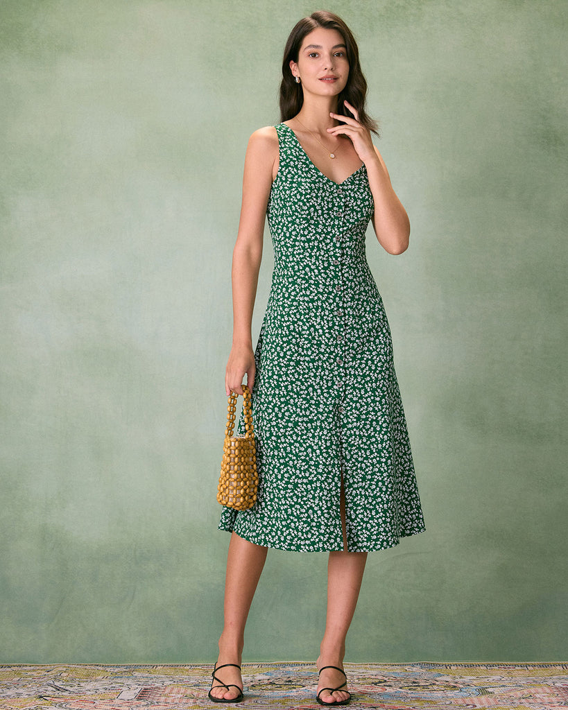 The Green V Neck Floral Button Midi Dress Dresses - RIHOAS