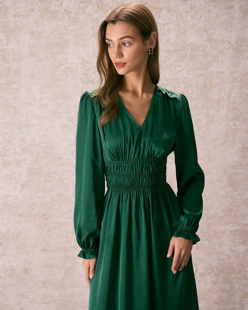 The Green V Neck Satin Midi Dress Dresses - RIHOAS