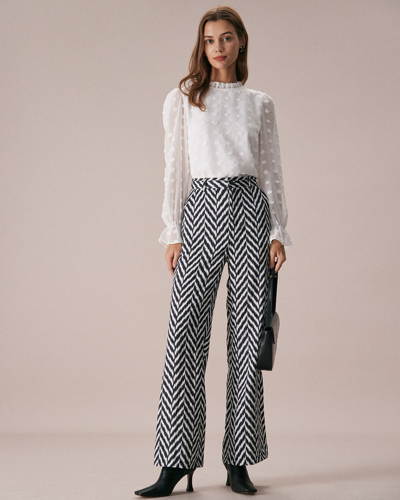 The Grey High Waisted Wave Pattern Straight Pants Bottoms - RIHOAS