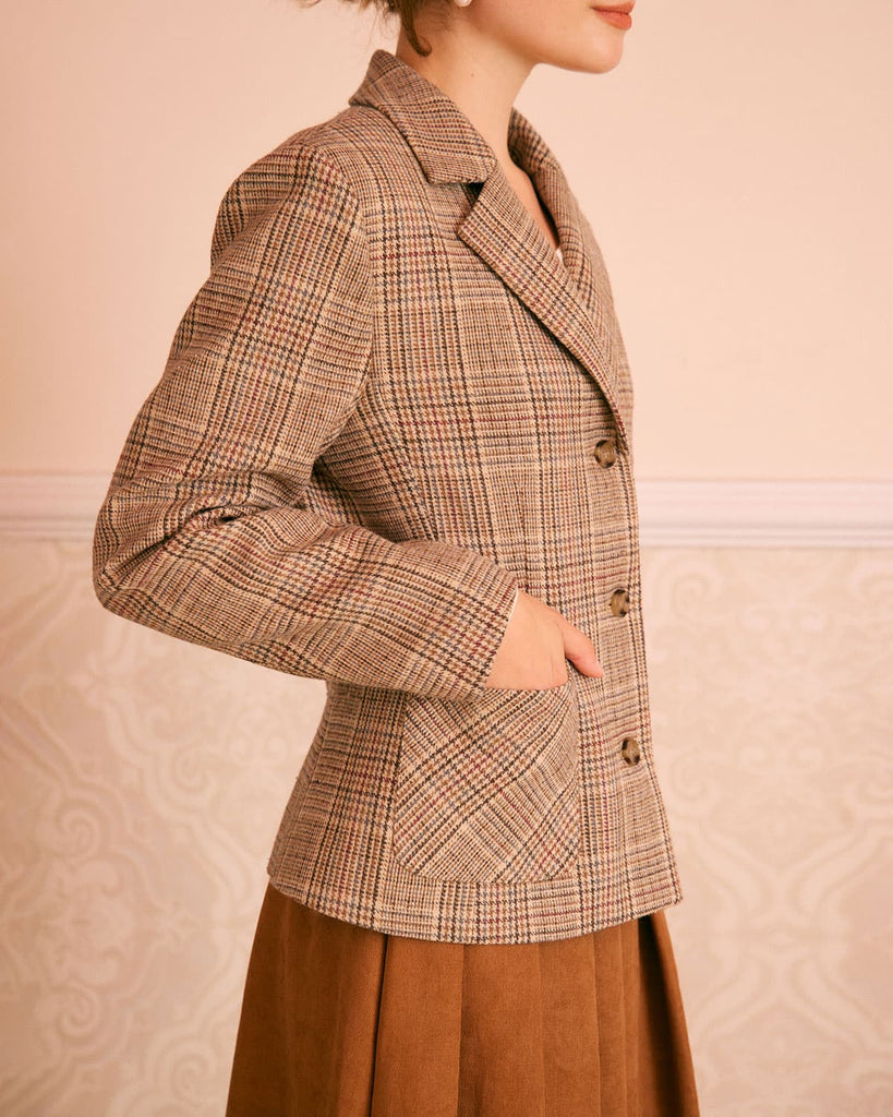 The Khaki Plaid Button Blazer Outerwear - RIHOAS