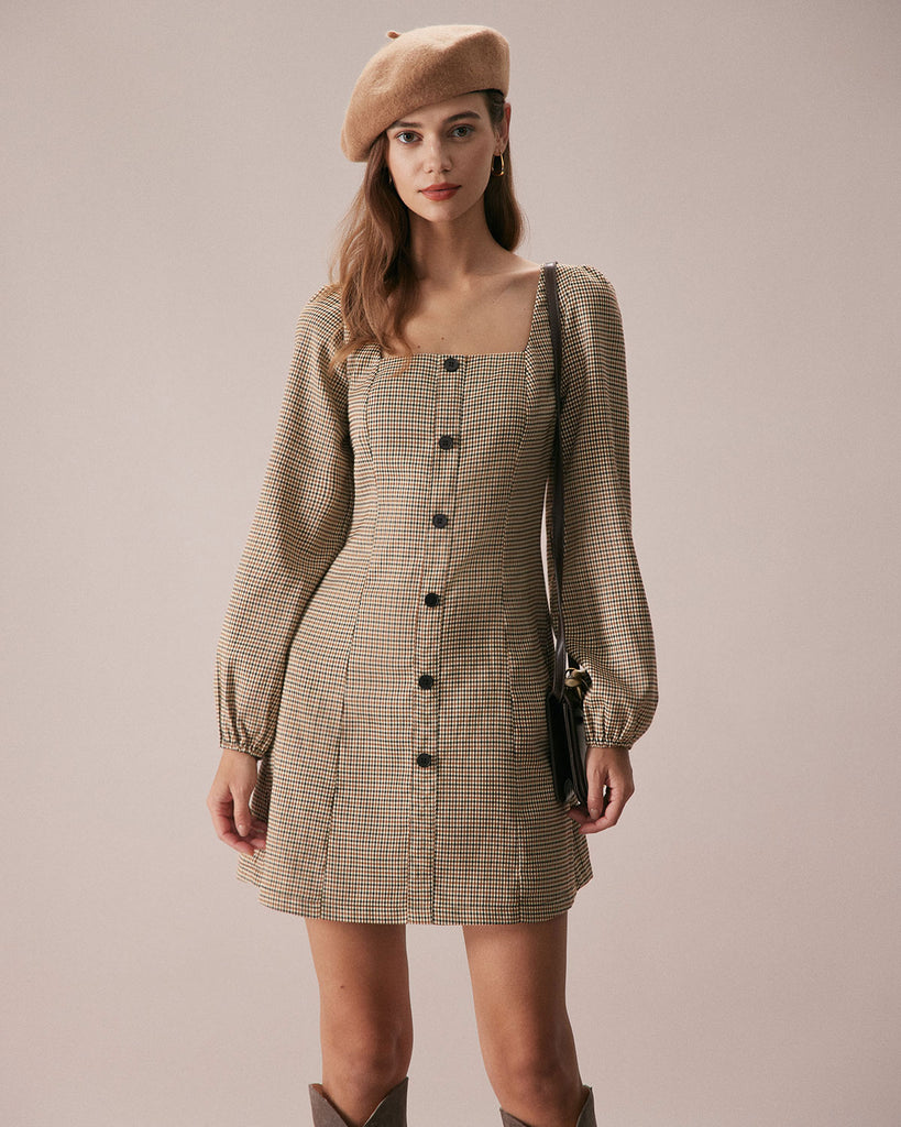 The Khaki Square Neck Plaid Mini Dress Khaki Dresses - RIHOAS