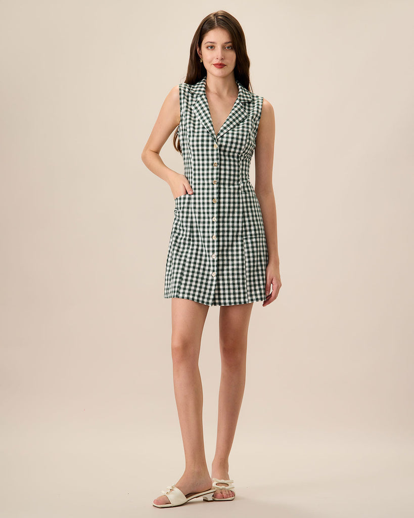 The Green Plaid Sleeveless Cotton Pocket Mini Dress