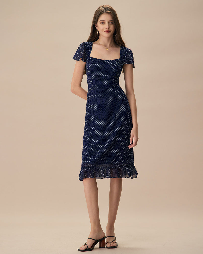 The Navy Polka Dot Cutout Back Midi Dress Navy Dresses - RIHOAS