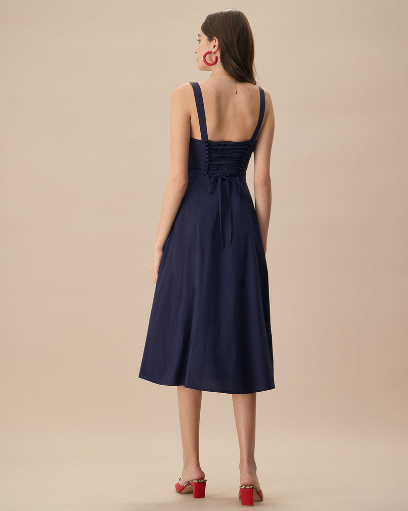 The Navy Square Neck Ruched Solid Midi Dress Dresses - RIHOAS