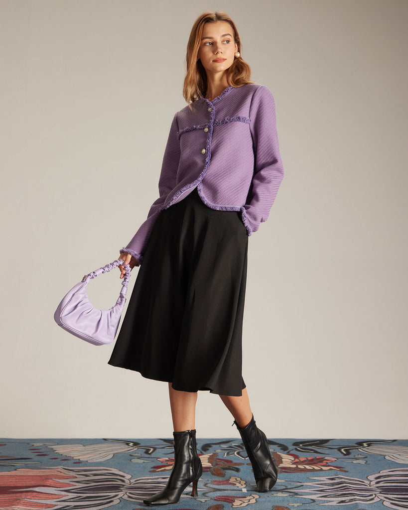 The Purple Crew-neck Fuzzy Trim Jacket Outerwear - RIHOAS