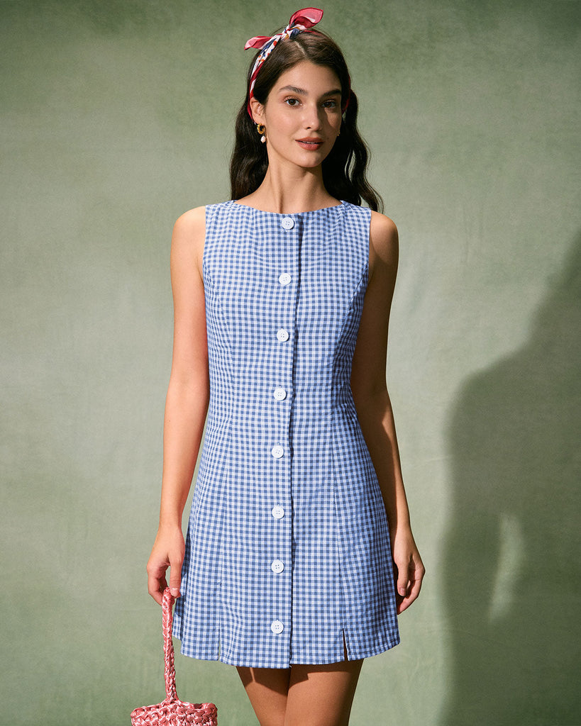 The Red Boat Neck Plaid Mini Dress Blue Dresses - RIHOAS