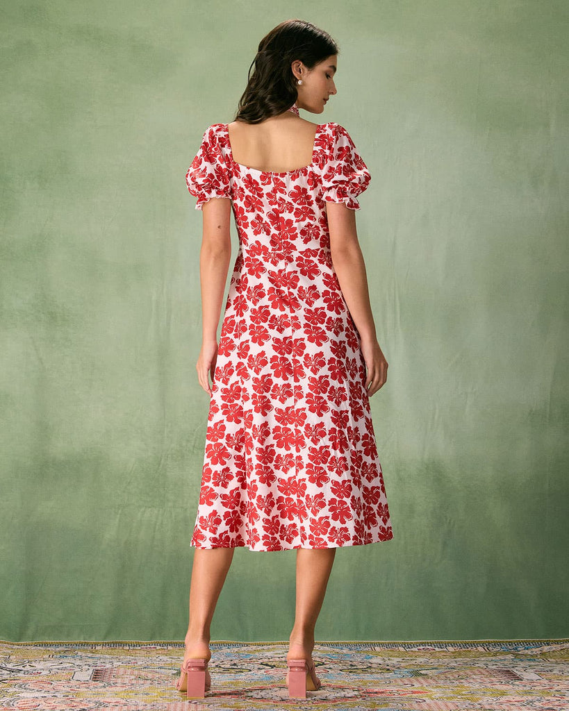 The Red Square Neck Floral Ruched Midi Dress Dresses - RIHOAS