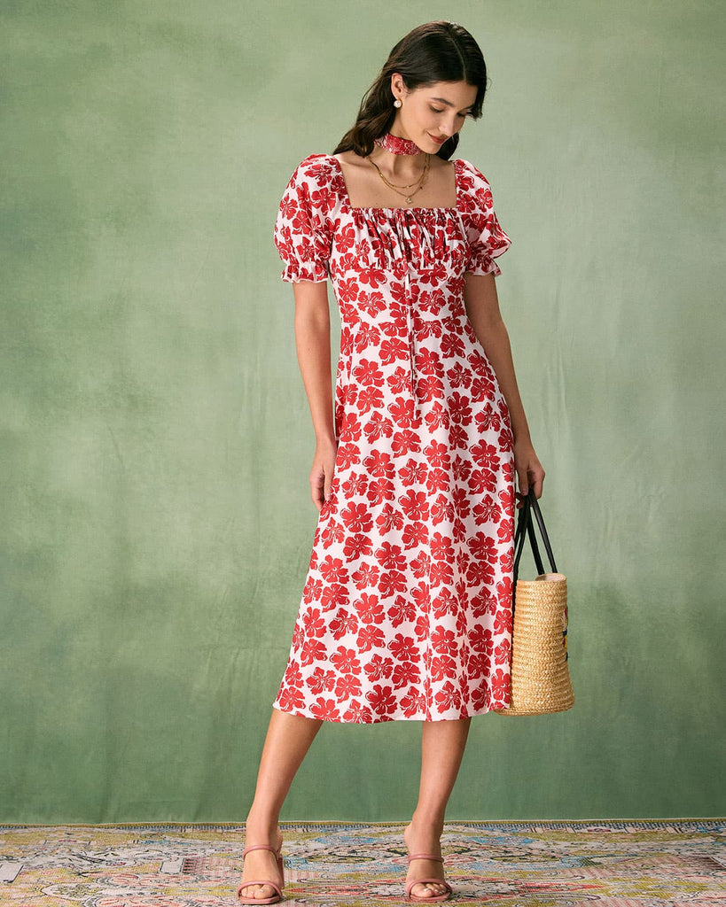 The Red Square Neck Floral Ruched Midi Dress Dresses - RIHOAS