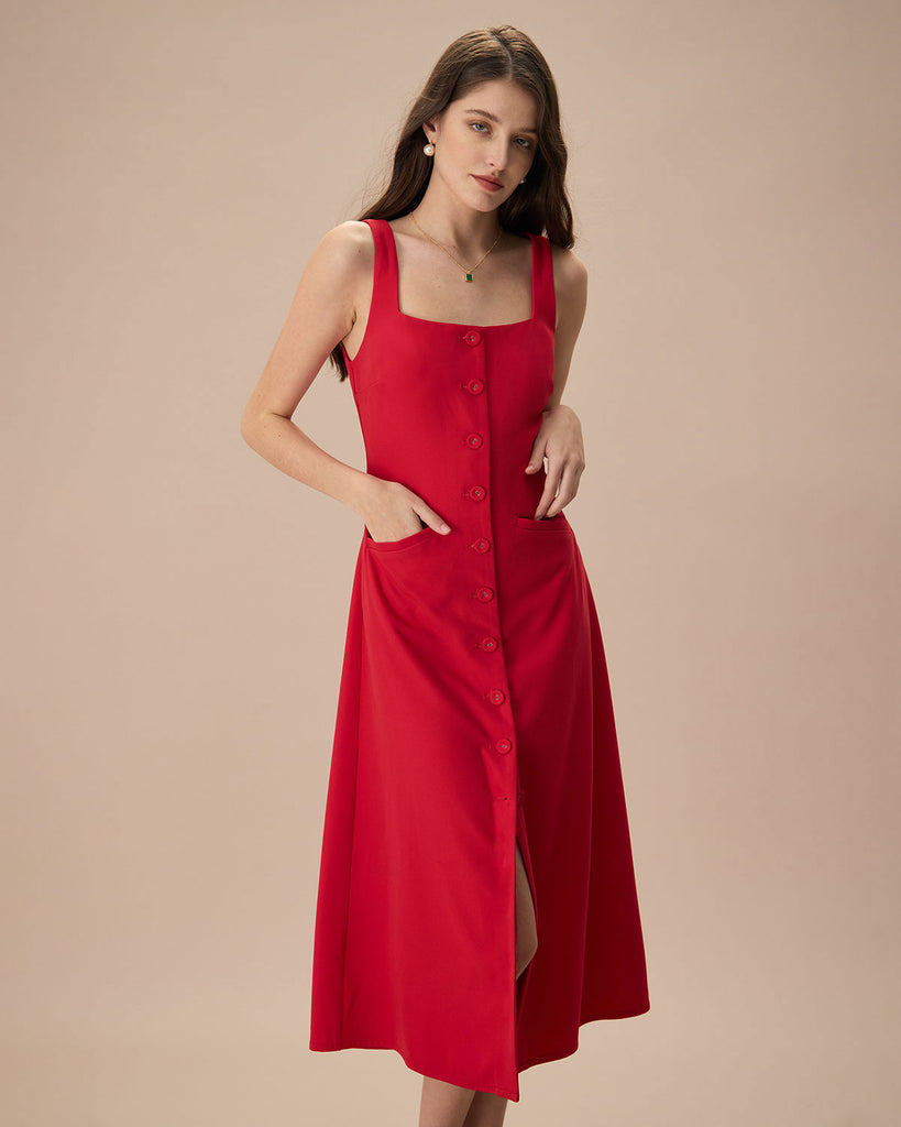 The Red Square Neck Pocket Front Midi Dress Dresses - RIHOAS