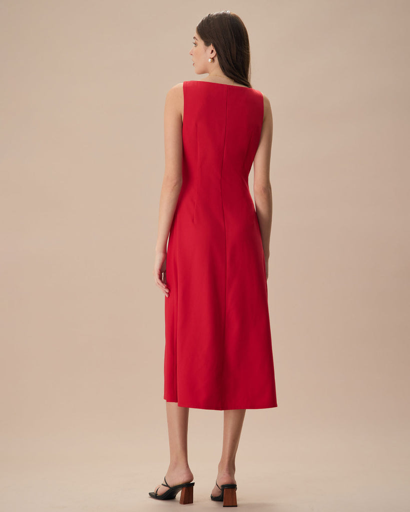 The Red Square Neck Pocket Front Midi Dress Dresses - RIHOAS