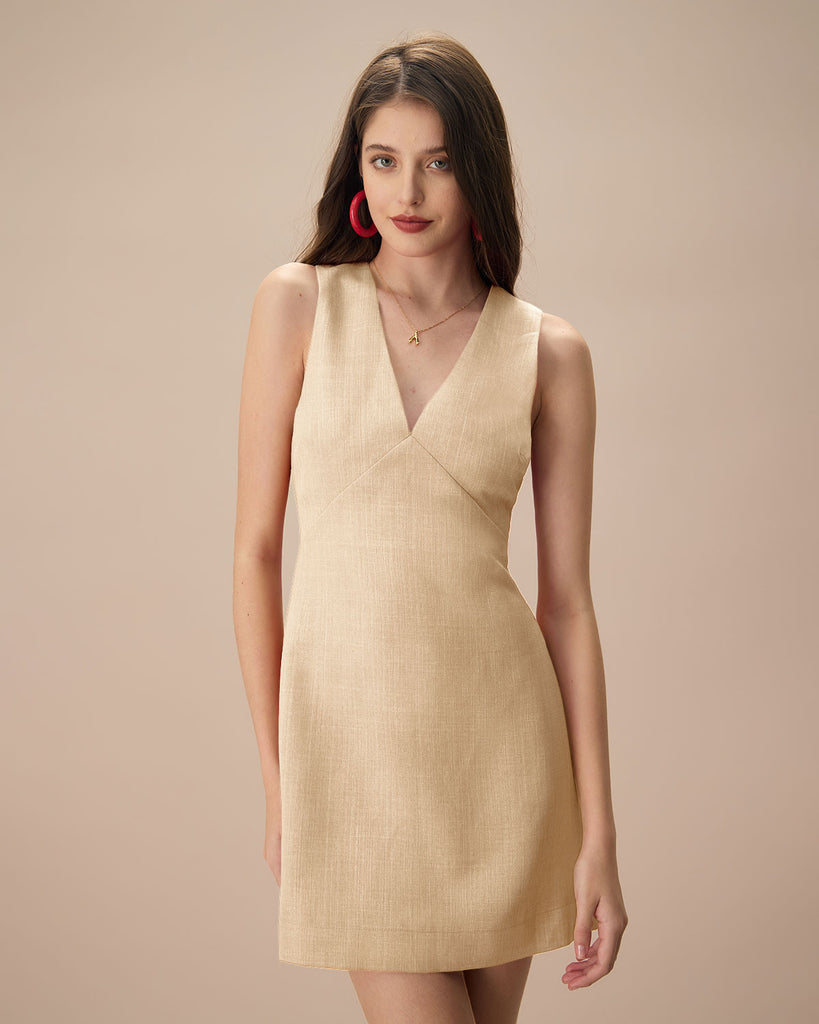 The Beige V Neck Sleeveless Linen Mini Dress