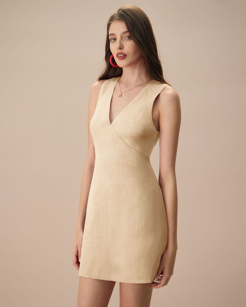 The Beige V Neck Sleeveless Linen Mini Dress