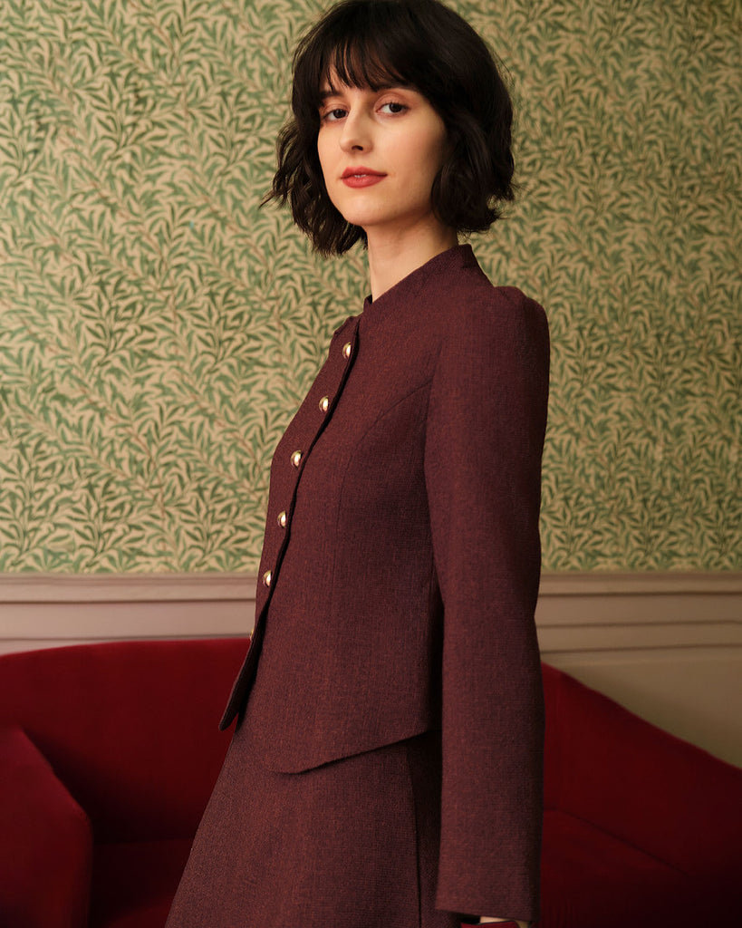 Burgundy Retro Single-breasted Tweed Jacket