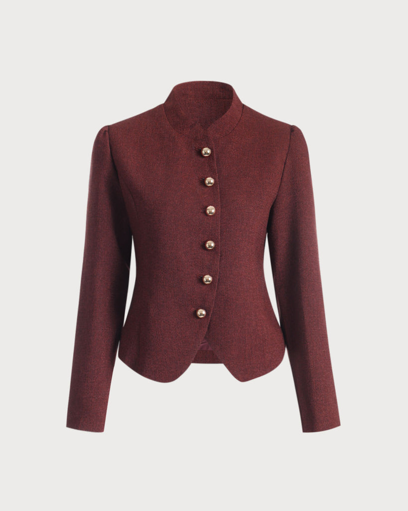 Burgundy Retro Single-breasted Tweed Jacket