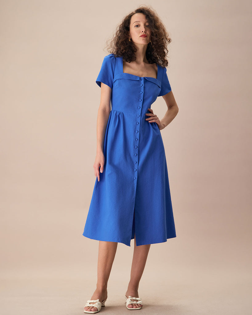 The Sweetheart Neck Button Midi Dress Dresses - RIHOAS