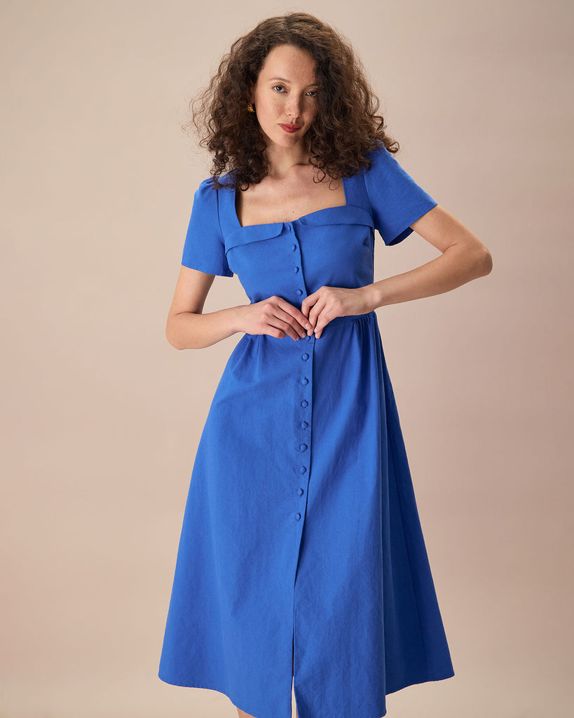 The Sweetheart Neck Button Midi Dress Navy Dresses - RIHOAS