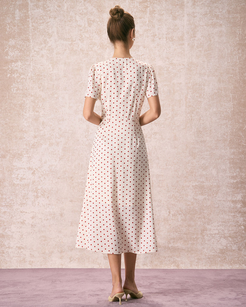 The V-Neck Polka Dot Midi Dress Dresses - RIHOAS