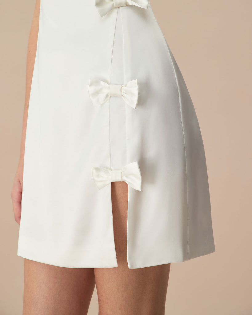 The White Boat Neck Bowknot Mini Dress Dresses - RIHOAS