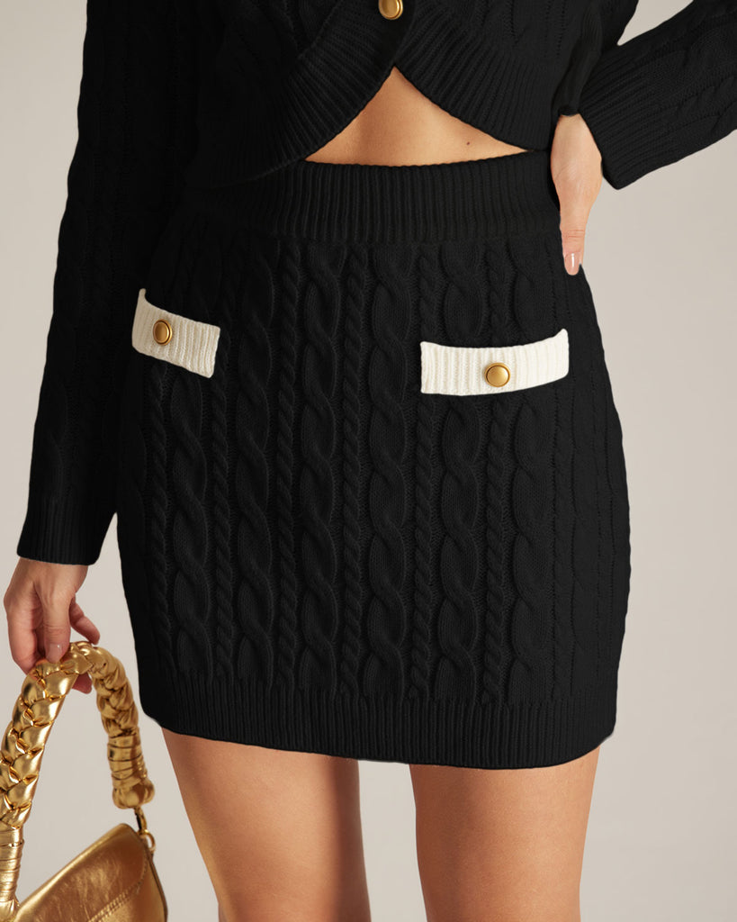 The Black Elastic Waist Button Cable Mini Skirt