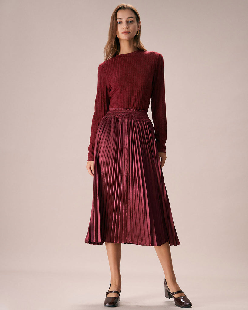 The Wine Red Pleated Midi Skirt Bottoms - RIHOAS