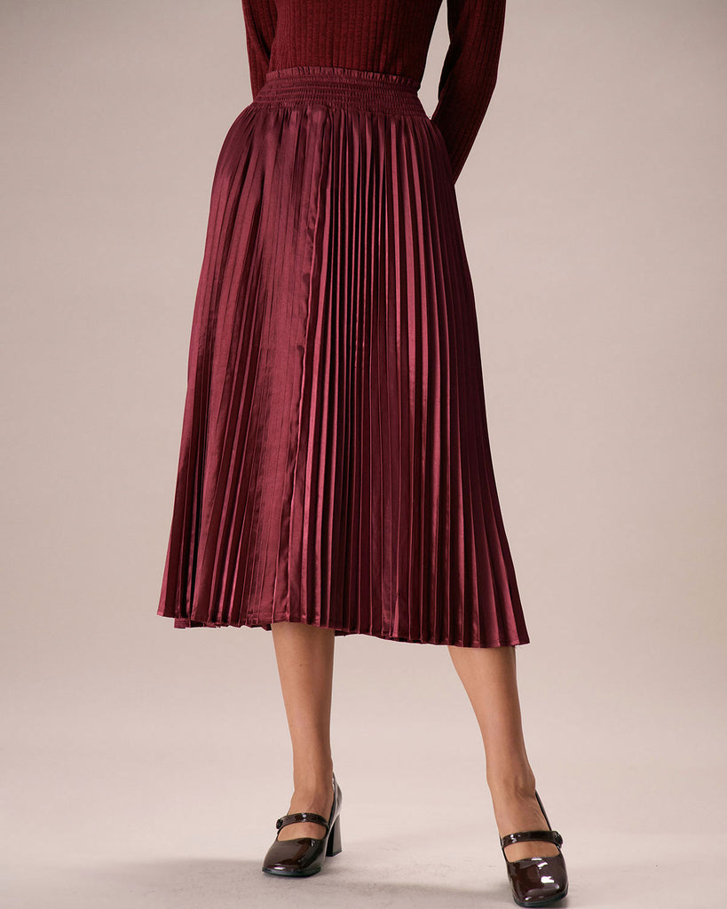 The Wine Red Pleated Midi Skirt Wine Red Bottoms - RIHOAS