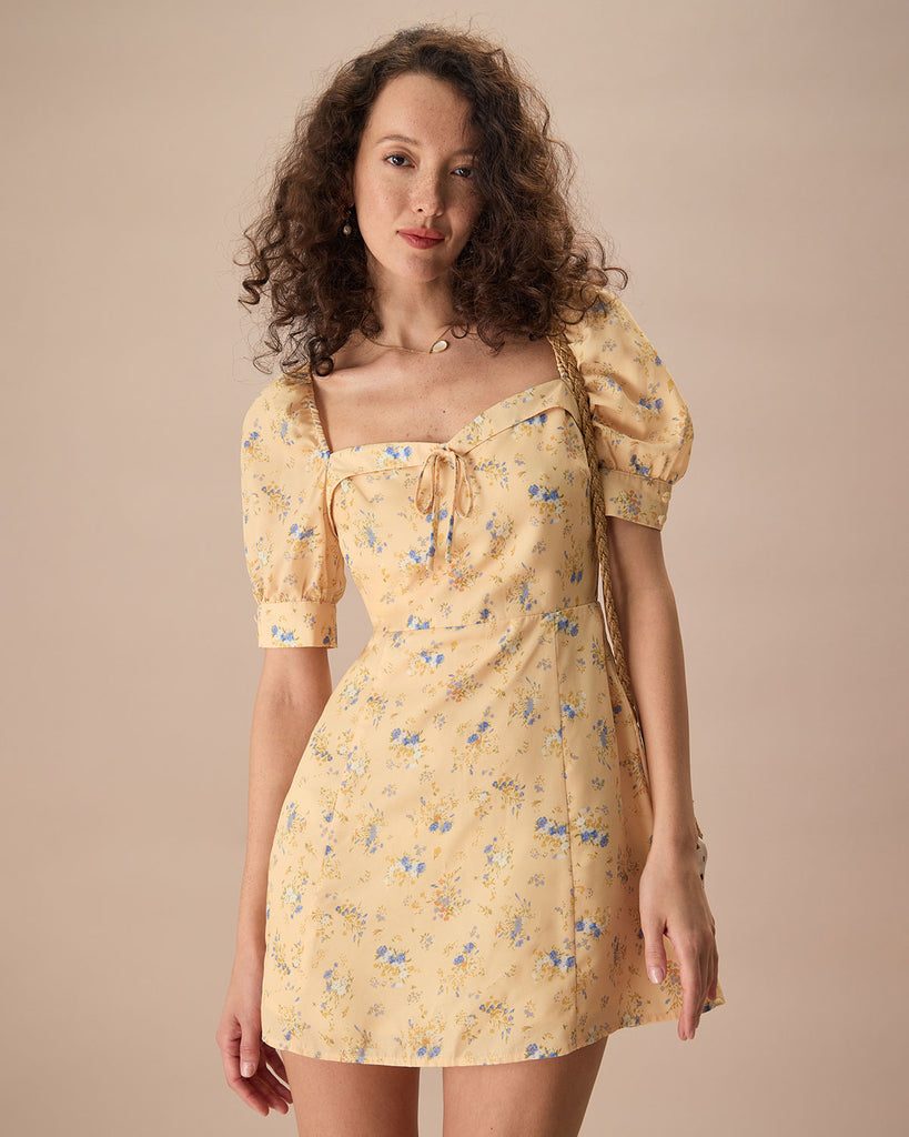 The Yellow Sweetheart Neck Floral Mini Dress Yellow Dresses - RIHOAS